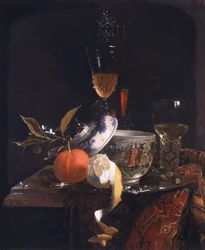 Nature morte avec pot à sucre chinois, verre à pied et fruits